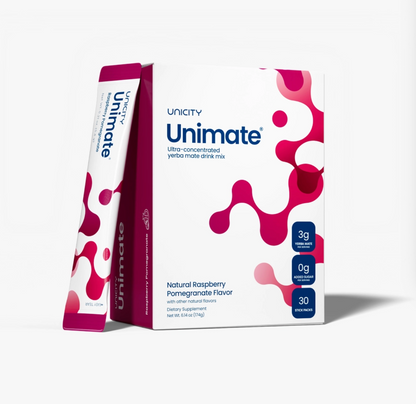 Original Unicity UNIMATE Raspberry Pomegranate STICK PACKS - Great Tasting - Ultra Concentrated Yerba Mate Drink - 1 Box of 30 Sachets
