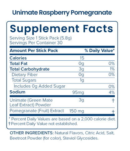 Original Unicity UNIMATE Raspberry Pomegranate STICK PACKS - Great Tasting - Ultra Concentrated Yerba Mate Drink - 1 Box of 30 Sachets